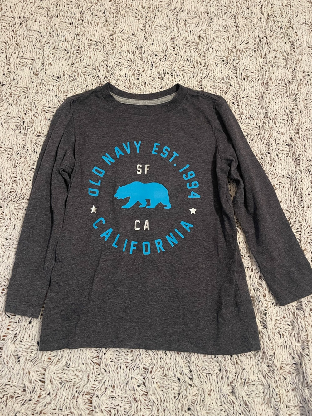 Old Navy Dark Gray Long Sleeve Tee with Bright Blue Bear Graphic